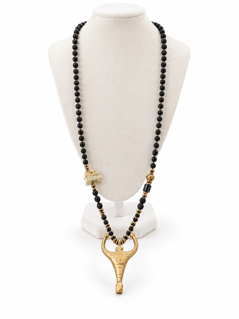 Handmade Egyptian Artisan Black Stone & Brass Statement Necklace